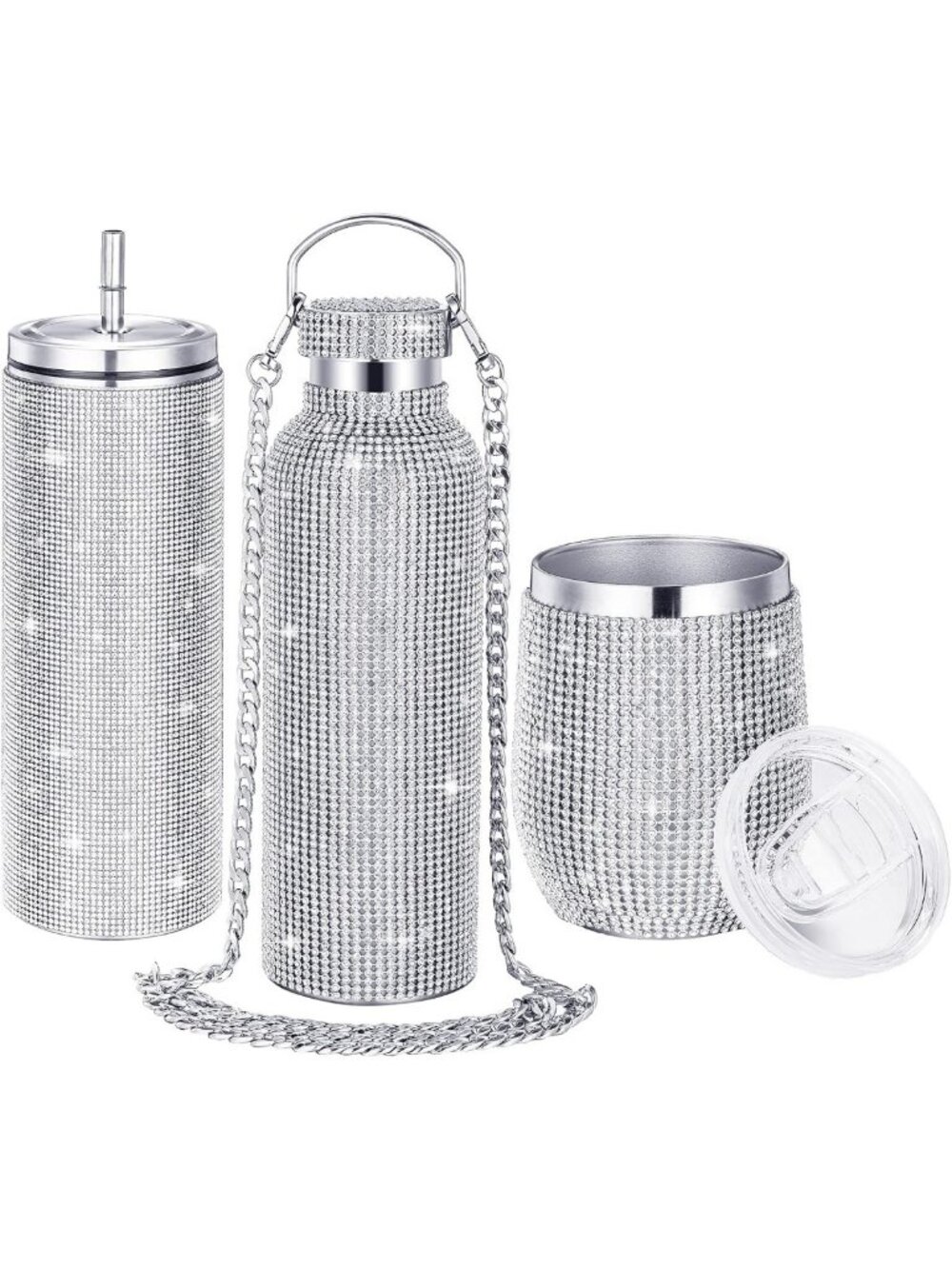 3 Pcs Bling Rhinestone Water Bottle Tumbler Set - Sparkling Classic Style